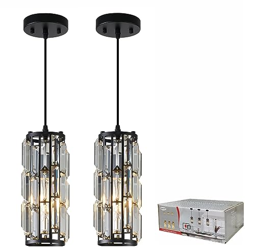 XLHYTF Pendant Lights Kitchen Island 1 Light, Modern Black Pendant Light Fixtures, Mini Crystal Chandelier, Adjustable Hanging Lights Fixture for Dinning Room Over Table Bedroom (Black Pack of 2)