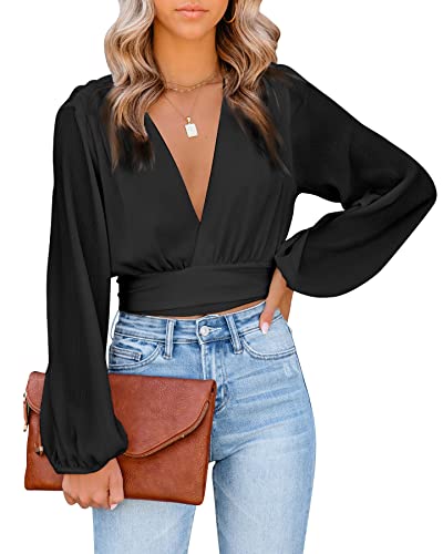 LYANER Women's Deep V Neck Tie Front Knot Long Sleeve Sexy Wrap Crop Top Blouse Solid Black Small