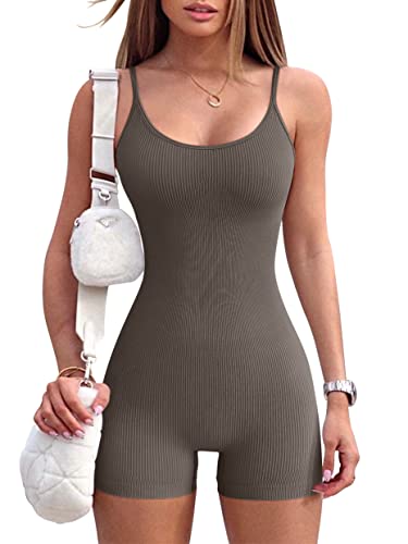 OQQ Women's Yoga One Piece Ribbed Spaghetti Strap Exercise Romper, Tea Leaf, Medium