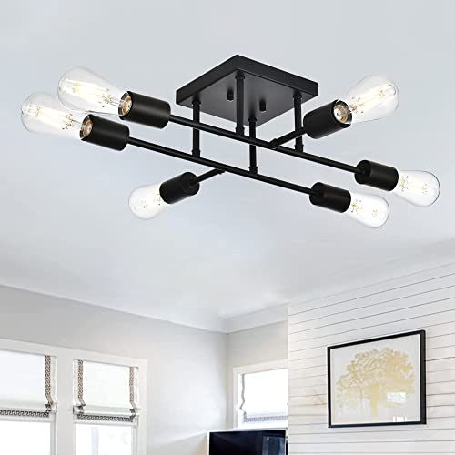 TULUCE 6 Lights Semi Flush Mount Ceiling Light Fixture,Modern Sputnik Chandelier Ceiling Lamp,Matte Black Semi Flush Mount Close to Ceiling Light for Kitchen Study Dining Room Living Room Hallway