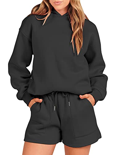 ANRABESS Women 2 Piece Outfits Hoodies Short Set Oversized Fleece Sweatshirt Shorts Sweatsuit Y2K 2023 Fall Clothes Lounge Matching Sweat Set 1046heise-S