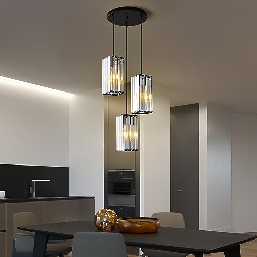 zhllmq Modern Pendant Light Black Rectangle Pendant Lighting Mini Crystal Chandeliers Adjustable Pendant Light Fixture for Kitchen Island Dinning Room Living Room Corridor Bedroom(Black 3-Light)