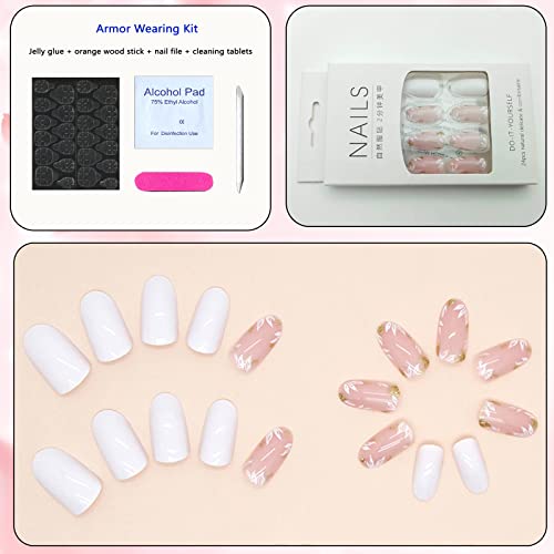 Press on Nails Medium White Full Cover Design Almond Nails Glossy Acrylic Nails Reusable Fake Nails Cute Flowers Stick on Nails for Women