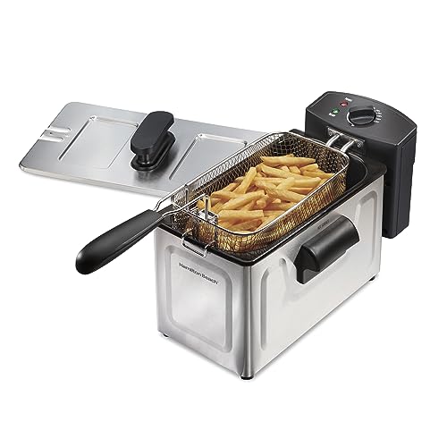 Hamilton Beach 35032 Professional Style Electric Deep Fryer, Frying Basket with Hooks, 1500 Watts, 3 Liters, Stainless Steel