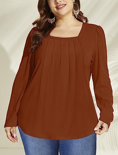 Saloogoe Tunic Tops for Women Loose Fit Dressy Casual Fall Outfits Long Sleeve Shirts Caramel M