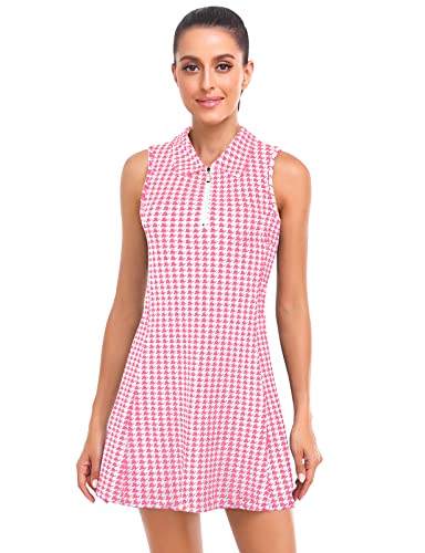 Cucuchy Tennis Dress for Women Golf Dresses with Inner Shorts Pockets Golf Outfits Zip Up Lightweight Quick Dry Exercising Dress Pink Small