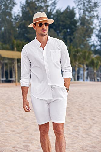 COOFANDY Men Linen Sets Outfits 2 Piece For Wedding Long Sleeve And Casual Elastic Waist Shorts Summer Outfits (White M