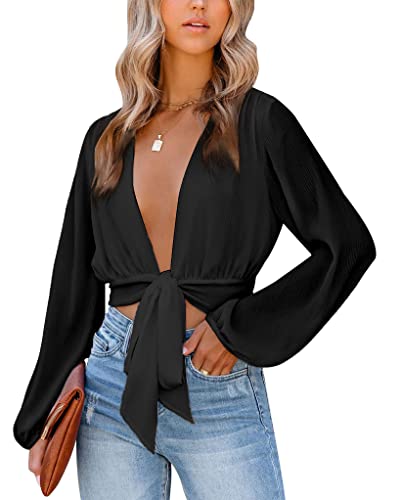 LYANER Women's Deep V Neck Tie Front Knot Long Sleeve Sexy Wrap Crop Top Blouse Solid Black Small