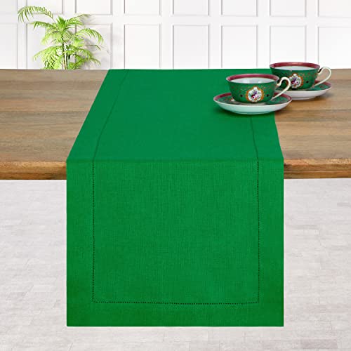 D'Moksha Kelly Green Table Runner 14 x 60 Inch, 100% Pure Linen Hemstitch Christmas Table Runner 60 Inches, Perfect for Fall, Thanksgiving, Wedding, Party, Outdoor, Easy Care Machine Washable