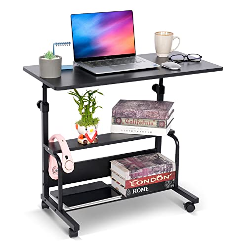 Portable Desk Small Desks for Small Spaces Laptop Table Black Rolling Adjustable Desk on Wheels Mobile Couch Desk for Bedroom Home Office Computer Standing Desk Student Desk with Storage 32x16 Inch