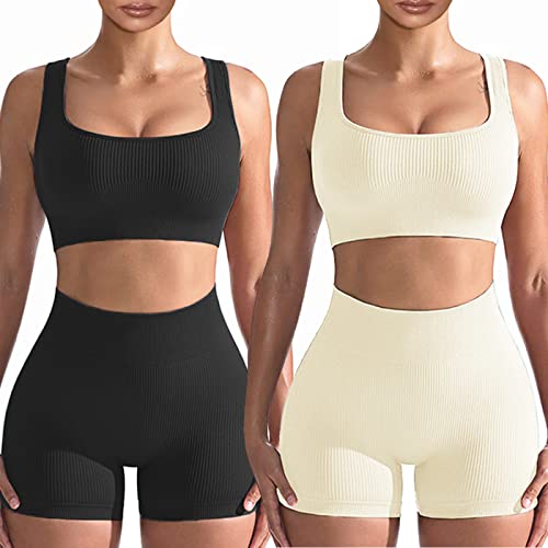 niyokki Workout Sets for Women 2 Piece, Cute YOGA Workout Set, Two Piece Workout Outfits,2 Pack (M, Black + white)