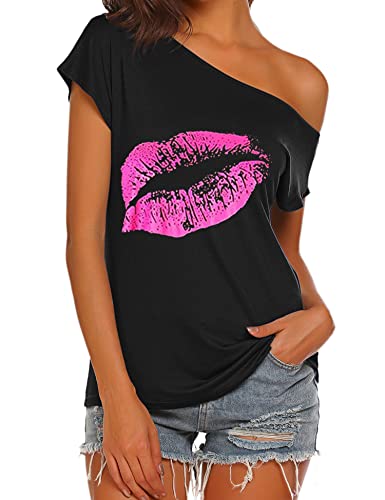 Halife Women's 80s Clothes Sexy Lips Print Off The Shoulder Tops Short Sleeve Loose Fit Tee Shirts Black M