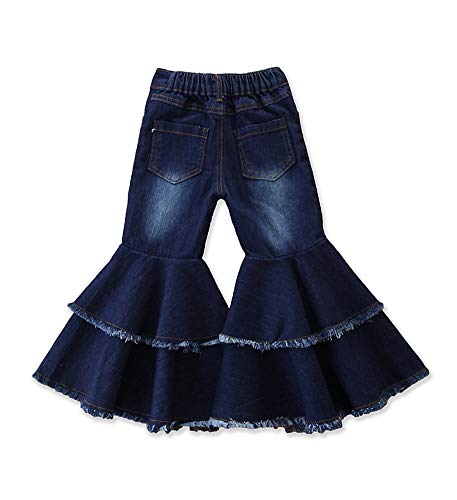 Sitmptol Fashion Baby Kid Girls Women Ruffled Wide Leg Denim Flared Pants Ripped Jeans High Waist Bell Bottoms Outfits 1-2T Dark Blue