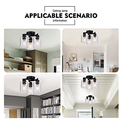 Flush Mount Ceiling Light, 3-Light Close to Ceiling Light Fixtures, Matte Black Bedroom Light Fixtures with Clear Glass Shades, Hallway Light Fixtures with E26 Socket for Kitchen Entryway Foyer