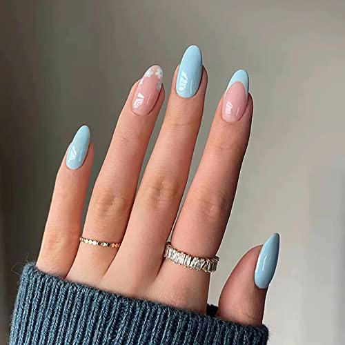 French Tip Press on Nails Almond Shape Fake Nails Medium Length False Nails Blue Flower Acrylic Nails with Designs Full Cover Artificial Nails Glossy Stick on Nails for Women and Girls Nail Decoration