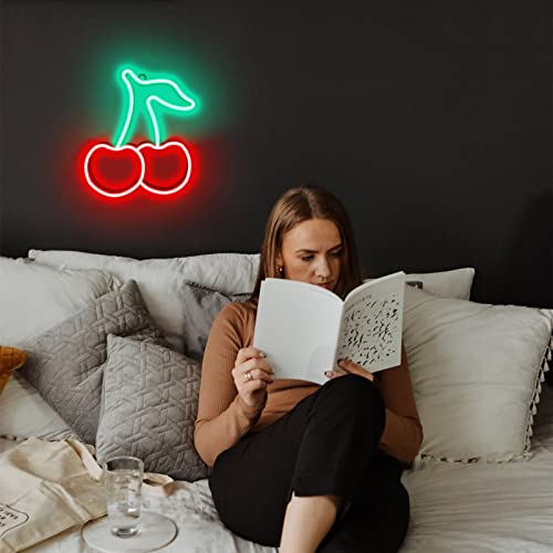 Cherry Neon Sign, Red Green Cherries Neon Lights, Cherry Neon Signs for Wall Decor, Cute Fruits LED Signs for Kids Room,Restaurant,Bar,Fruit Shop,Home Green+Red
