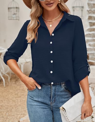 Business Casual Tops for Women,Cute Spring Summer Half Sleeve Button Down Shirts Dressy Casual Curved Hem Blouses Teacher Business Casual Outfits Elegant Wrinkle Free Work Blouses Navy Blue