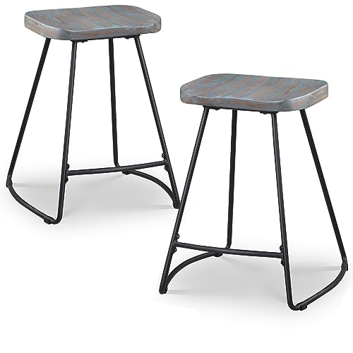 JUBILOOM Wood Bar Stools Set of 2, Kitchen Counter Height 24 Inch Barstools with Metal Leg, Bar Chairs with Saddle Seat, Industrial Backless Stools for Kitchen Island, Rustic Green, Black 624PGR