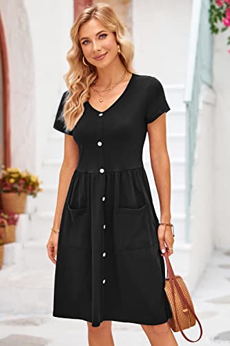 OUGES Womens Summer Short Sleeve Midi Dresses Button Down V Neck Skater Dress with Pockets(Black395,S)