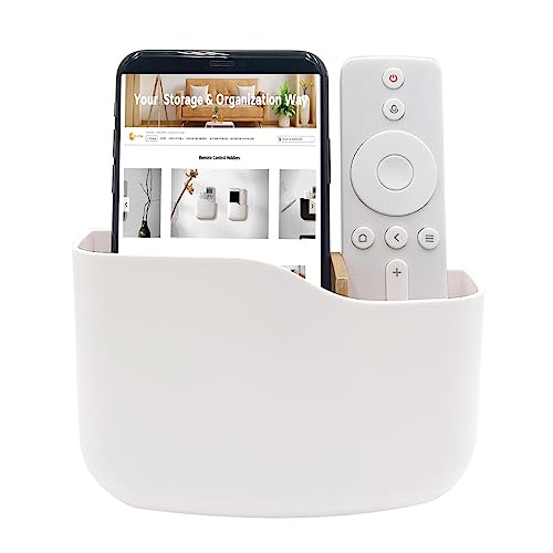 SUNFICON Adhesive Remote Control Holder Wall Mount Media Player Controller Holder Universal TV Remote Organizer Caddy Box Tray Hollow Bottom Slot Easy Phone Charging Home Office Desk Nightstand White