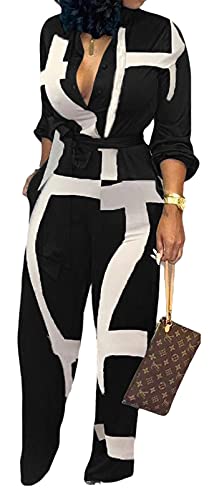 Business Jumpsuits For Women Elegant V Neck Zipper Long Sleeve Sexy Contrast Printing Decorative Strap Straight Long Pants Rompers With Pockets