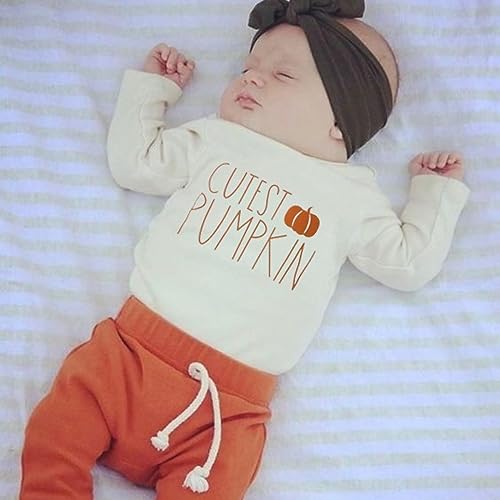 Lucikamy Newborn Baby Boy Halloween Outfit Pumpkin Print Long Sleeve Romper Onesie + Pants Hat Infant Halloween Clothes Set (White + Brown, 0-3 Months)