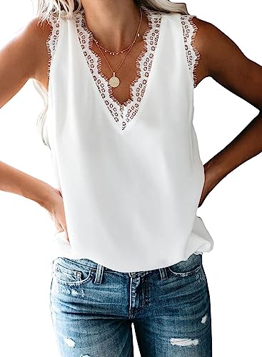 BLENCOT Women Lace Trim Tank Tops V Neck Fashion Casual Sleeveless Blouse Vest Shirts Small A White