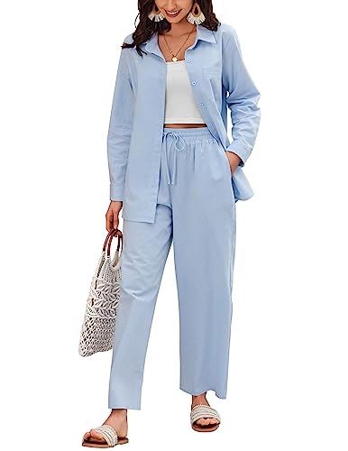 Zeagoo Womens Coordinated Outfit 2 Piece Linen Sets Button Down Linen Shirts Summer Loose Long Pants, 1light Blue, Large