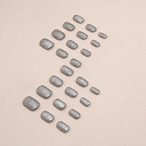 Short Press on Nails Glitter Fake Nails Flash False Nails Short Square Acrylic Nails Full Cover Artificial Fake Nails Silver Stick on Nails Glossy Glue on Nails for Women Girls Manicure Decoration