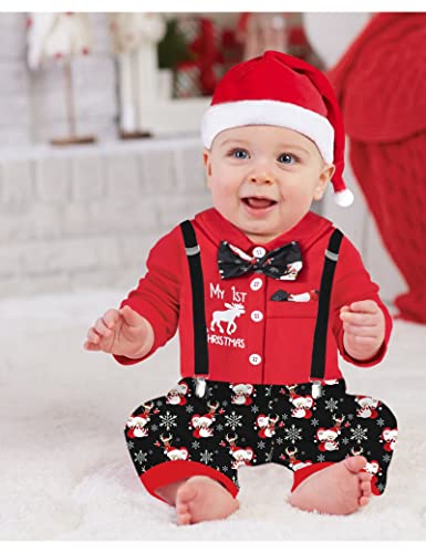 AGAPENG Baby Boy Christmas Outfit My First Christmas Baby Boy Outfit Infant Gentleman Romper with Bow Tie Suspender Pants Hat 0-3 Months Baby Christmas Outfit Boy 3Pcs Clothes Set