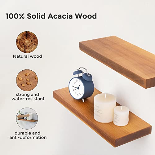 Fun Memories Floating Shelves for Wall, Solid Acacia Wood Wall Shelves Set of 2, Heavy-Duty Bathroom Shelves for Storage, Rustic Floating Shelf for Living Room, Bedroom, Kitchen