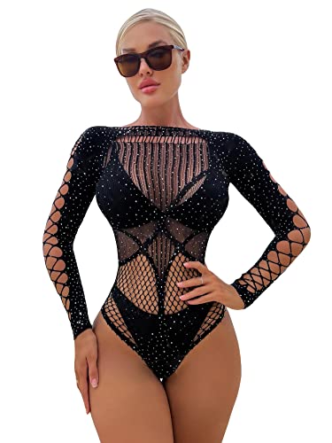 Milumia Women's Fishnet Rhinestone Bodysuit Top Cut Out Sexy Mesh Teddy Bodysuit