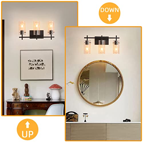 Black 3-Light Vanity Light Fixture, Wall Sconce Lighting with Glass Shade, Modern Wall Lights Over Mirror Vanity Lamp (Black, 3-Light)