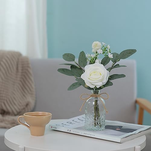 YXZZWL Faux Flowers with Bud Vase,Mini Artificial Silk Roses and Fake Eucalyptus in Glass Vase for Wedding Party Dining Table Centerpiece Decorations Office Farmhouse Home Decor (White)