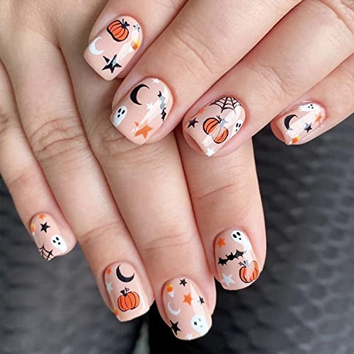 Halloween Fake Nails Short Square Cute Ghost Press on Nails Full Cover Stick on Nails with Pumpkin Moon Star Design False Nails Fall Thanksgiving Glossy Artificial Nails Acrylic Nails for Women Girls