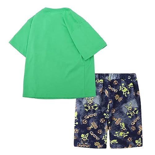 Jobakids Boy Summer Outfits 2 Year Old Toddler Short Sets Little Kids Cotton T-Shirt Green Rabbit Crewneck Top Pocket Jean Shorts 2-Piece Clothes,2T