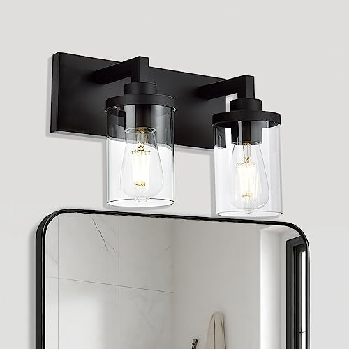 QueeuQ Black Wall Sconces Lighting 2-Lights with Clear Glass Shade Bathroom Vanity Light Fixtures Farmhouse Modern Wall Mount Lamp for Bedroom Kitchen Entryway