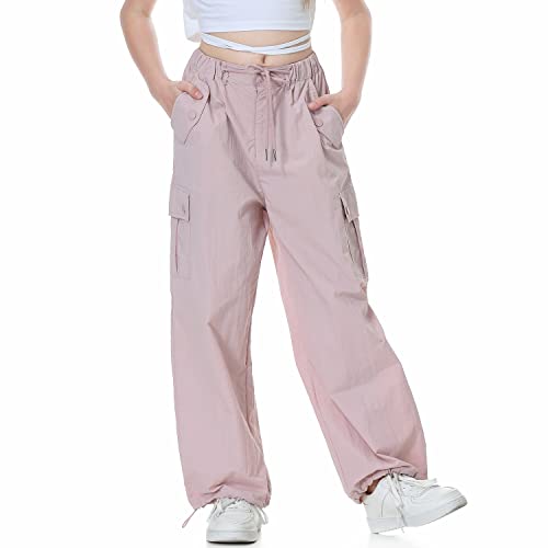 Rolanko Girls Parachute Pants, Cargo Pants for Girls Baggy Y2K Loose Jogger Trousers with Pockets (Pink, 12-14)