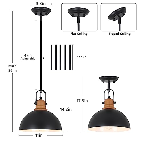 LAMSU 3 Pack Black Pendant Lights Kitchen Island, Farmhouse Dining Room Light Fixtures with Metal Dome Shades, Industrial Chandeliers Hanging Lighting for Living Room, Hallway, Height Adjustable