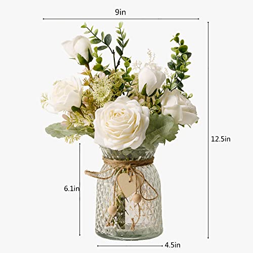 YJ Fake Flowers with Vase, Silk Roses Artificial Flowers in Vase, Faux Flower Arrangement with Vase Suitable for Home Office Decoration, Dining Table Centerpiece(White)