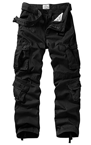 AKARMY Men's Casual Relaxed Fit Cargo Pants with Pockets, Outdoor Camo Cotton Work Pants for Men(No Belt) 3354 Black 34