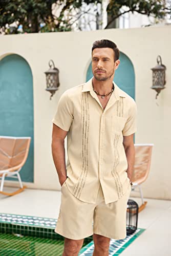 COOFANDY Men's Two Piece Outfits Sets Linen Shirt Cruise Wear Shirt and Shorts Set Khaki