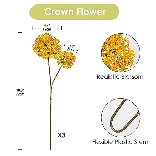3 Bundles Artificial Fall Flowers Crown Flowers 28” Long Stem Fake Fall Flowers Faux Autumn Yellow Flowers for Home Floral Arrangement Wedding Thanksgiving Party Table Centerpieces Decorations