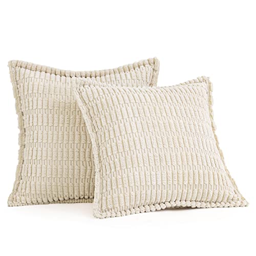 MIULEE Cream White Corduroy Decorative Throw Pillow Covers Pack of 2 Soft Striped Pillows Pillowcases with Broad Edge Modern Boho Home Decor for Couch Sofa Bed 18x18 Inch