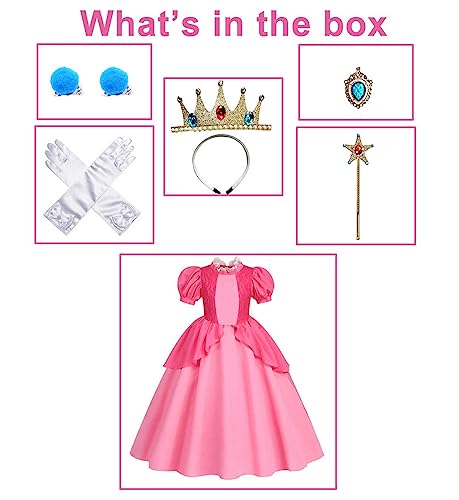 Magwei Princess Peach Costume Dress for Girls Kids Super Bros Cosplay with Accessories Halloween Party Dress Up Outfit 3-12Y (120(5-6 Years))