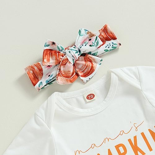 PUHHAPIEY Newborn Baby Girl Fall Clothes Short Sleeve Romper Flared Pants Headband Bell-Bottoms Set Pumpkin Halloween Outfit (Short Sleeve White, 6-12 Months)