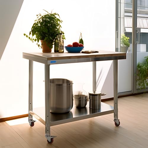 KUARBARR 2023 New Stainless Steel Table for Prep & Work with 4 Caster Wheels with Undershelf 24 x 36 NSF Metal Commercial Kitchen Adjustable Undershelf Worktable for Restaurant Home Outdoor