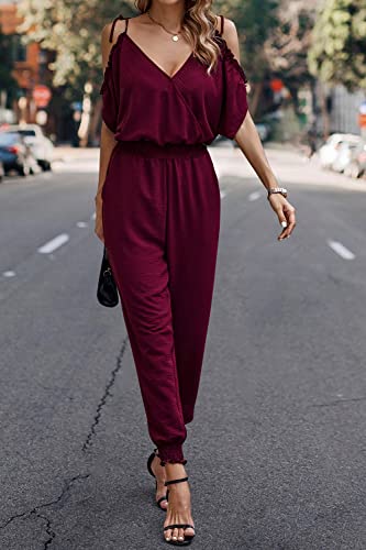 PRETTYGARDEN Jumpsuit for Women Casual Wrap V Neck Cold Shoulder One Piece Outfits Pants Romper (Wine Red,Large)