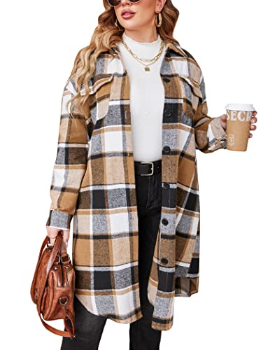 IN'VOLAND Womens Flannel Plaid Shirts Plus Size Long Sleeve Lounge Khaki Brown Long Button Down Jacket Shacket Coats 16W