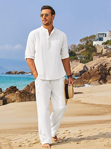 COOFANDY Men's 2 Pieces Cotton Linen Set Henley Shirt Long Sleeve and Casual Beach Pants Summer Yoga Outfits